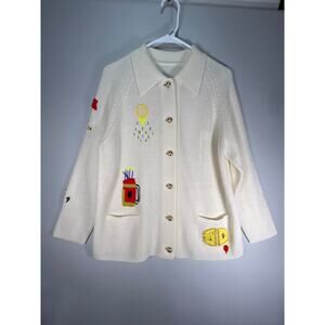 VTG No Tag LeRoy Women's Sweater Knitwear Embroidered Novelty Gold Button Sz M